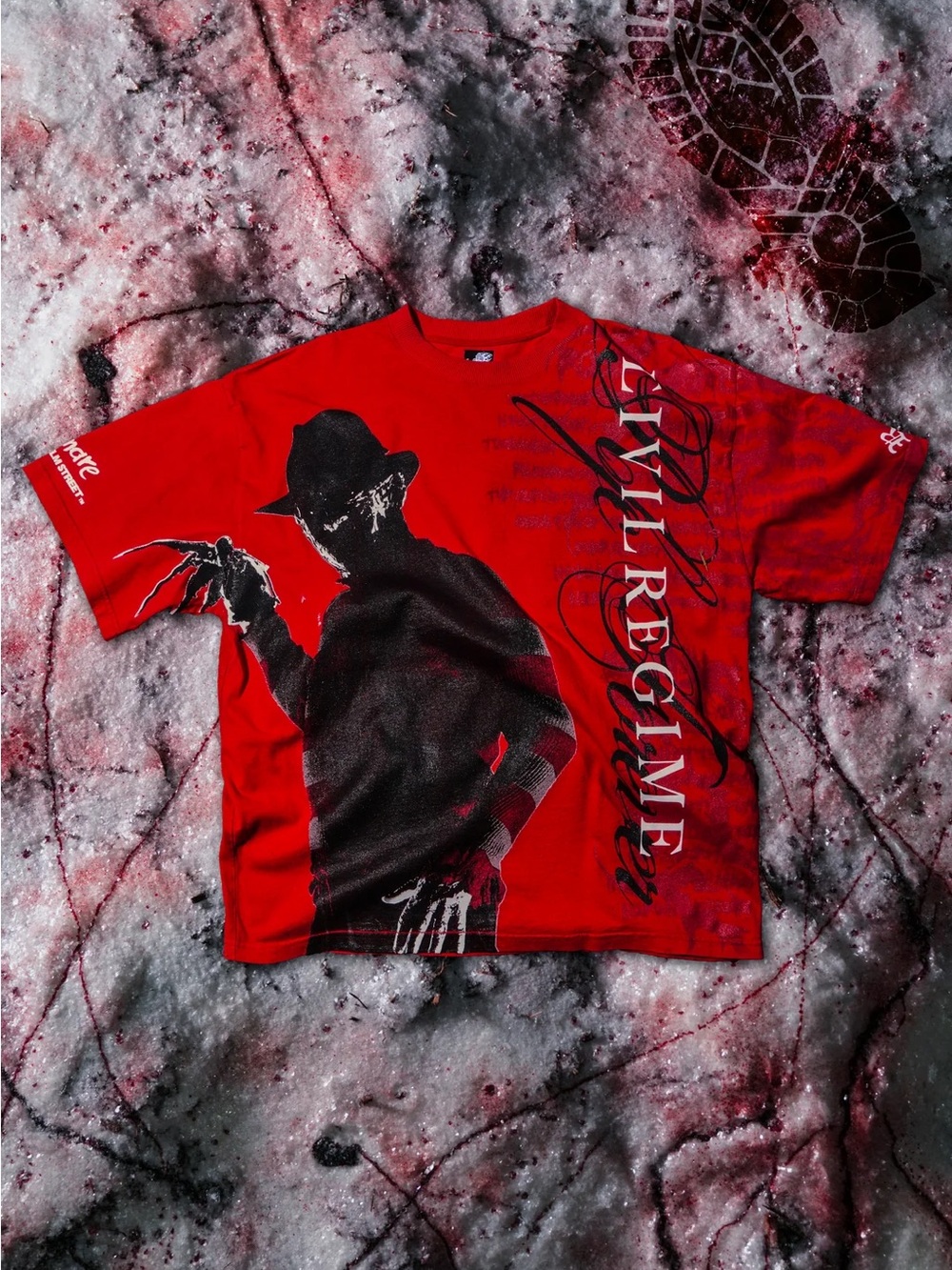 Red Graphic Short Sleeve Tee with Horror Silhouette and Script